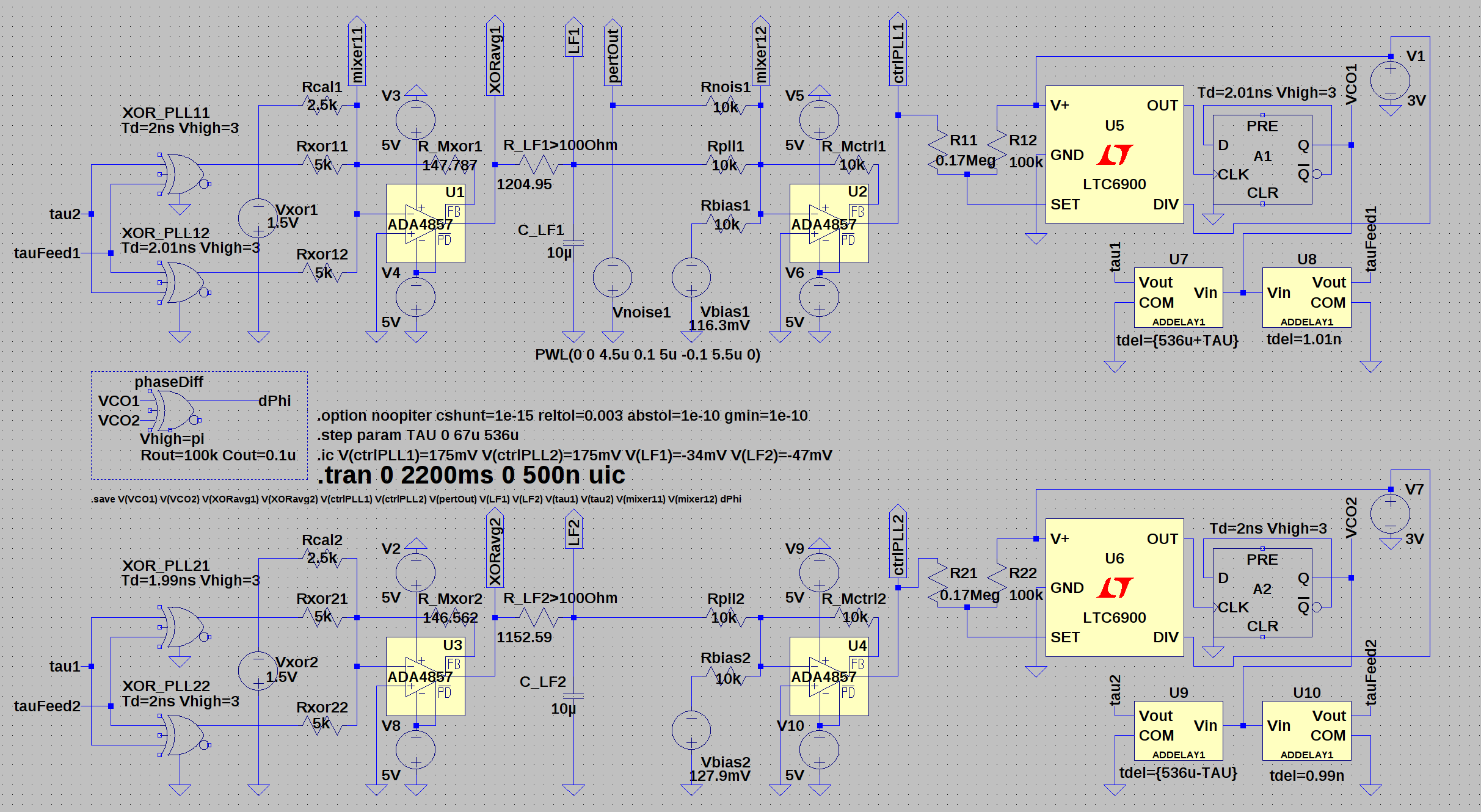 LTspice block level circuit diagram of two delay-coupled DPLLs